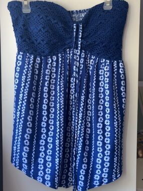 Navy Blue Strapless Floral Top